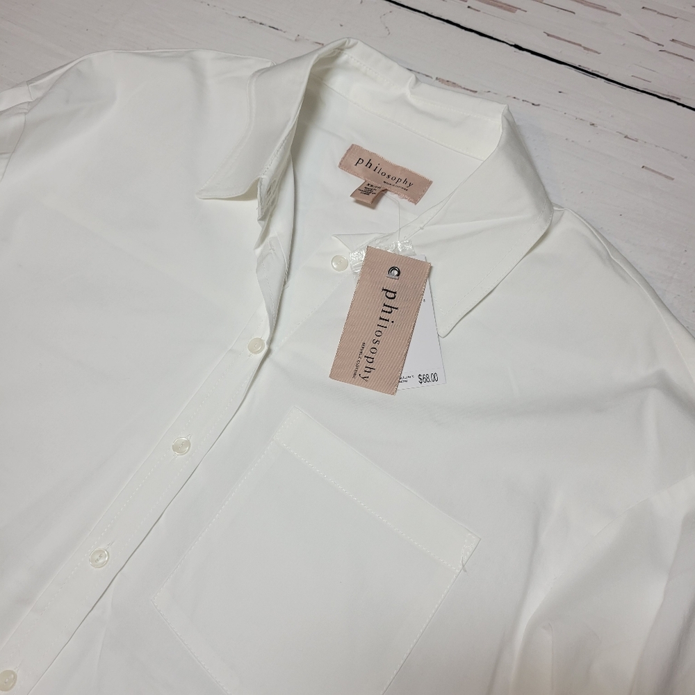 Philosophy White Oversized Button-Down Shirt Hi-Lo Hem Boxy Fit Classic Size XS - Picture 8 of 11